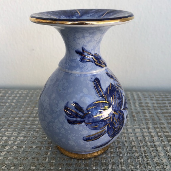 Vintage Cobalt Blue, Gold Floral Hand Painted Porcelain Bud Vase Holland 4.25” H - Picture 5 of 9